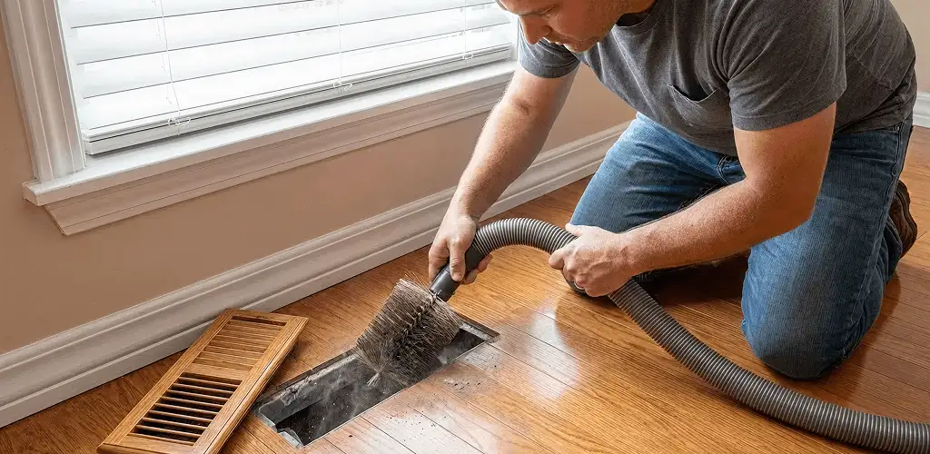 Air duct cleaning technician vacuuming a floor vent and duct opening in Akron, OH