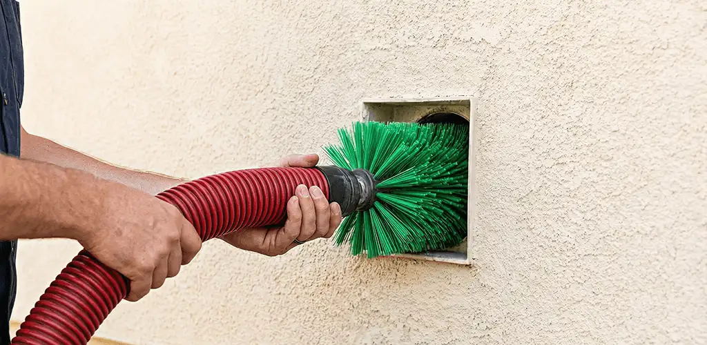 Air duct cleaning brush removing debris from a vent opening in Akron, OH