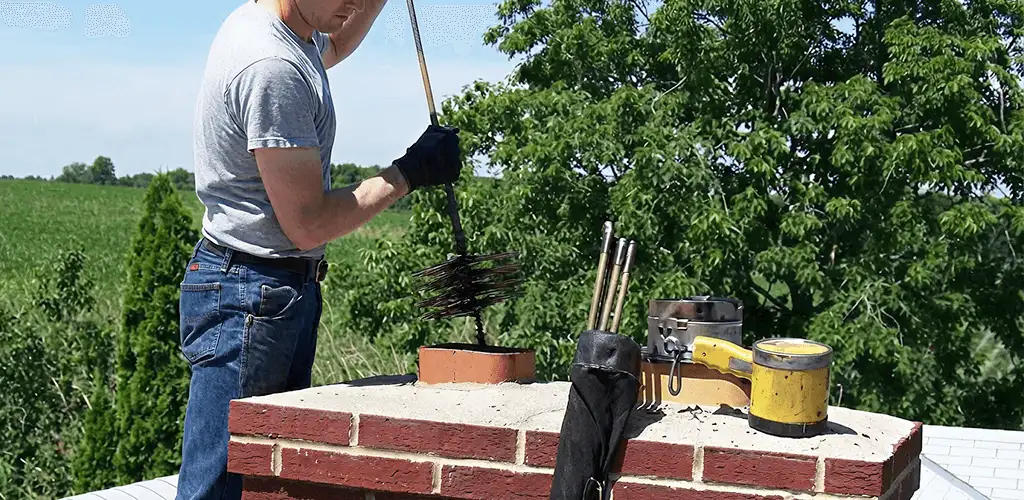 Chimney cleaning technician working on a rooftop chimney with professional tools in Akron, OH