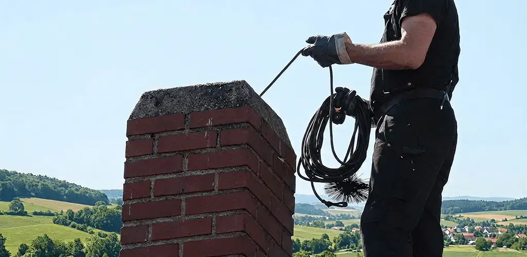 Chimney sweep inspecting and cleaning a rooftop chimney in Akron, OH