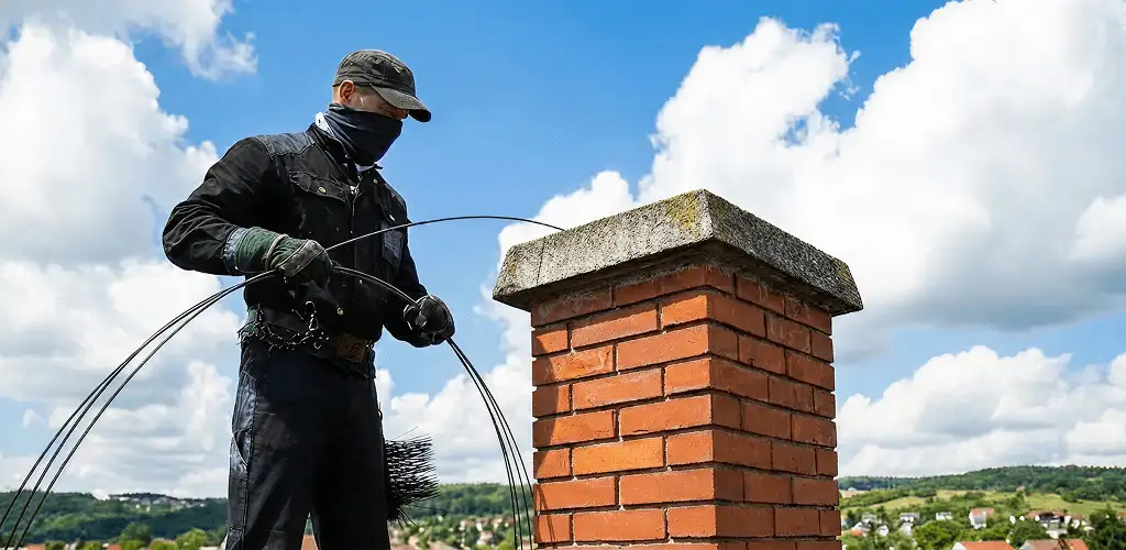 Chimney sweep cleaning a brick chimney with professional tools in Akron, OH