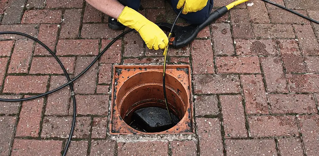Drain cleaning technician using a drain snake to clear a clogged drain in Akron, OH
