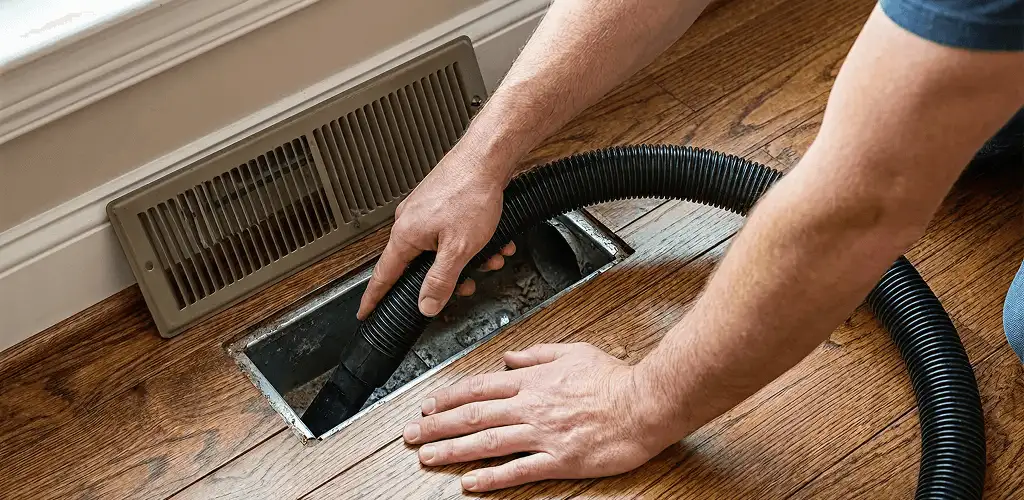 Air duct cleaning technician vacuuming a floor register and duct opening in Akron, OH
