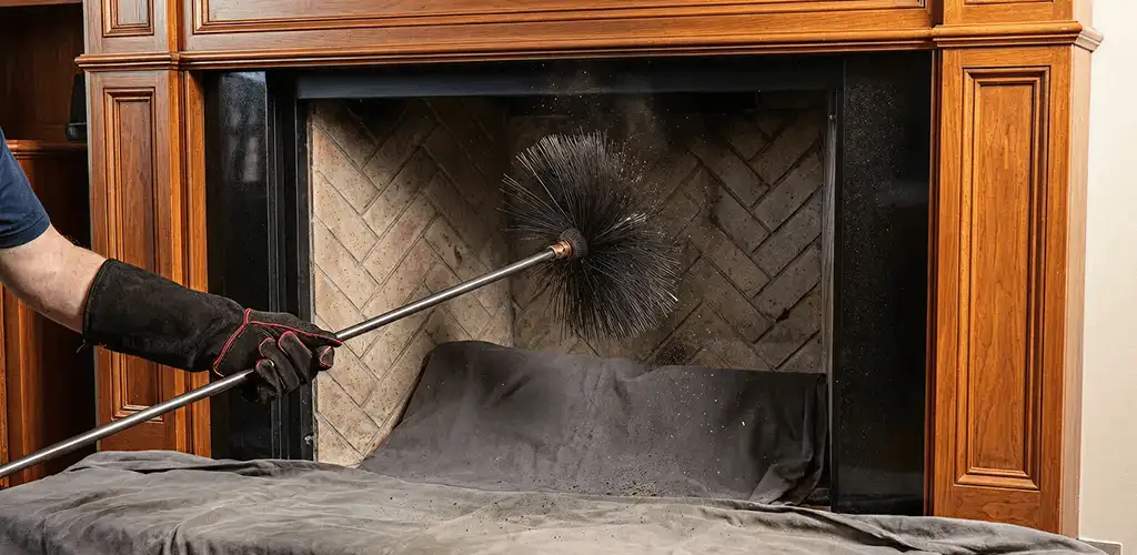 Chimney cleaning service brushing soot from a fireplace and flue in Akron, OH