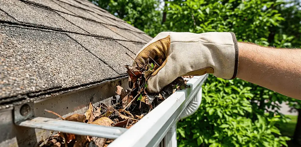 Gutter cleaning removing leaves and debris from roof gutters in Akron, OH