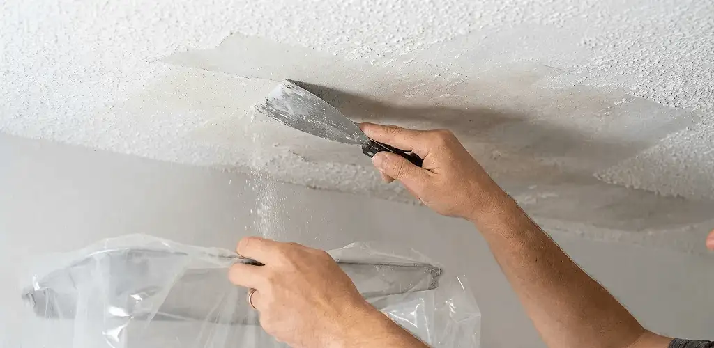 Popcorn ceiling removal technician scraping texture from a ceiling in Akron, OH