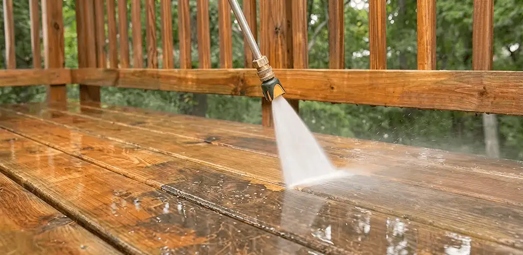 Pressure washing a wood deck to remove dirt and buildup in Akron, OH