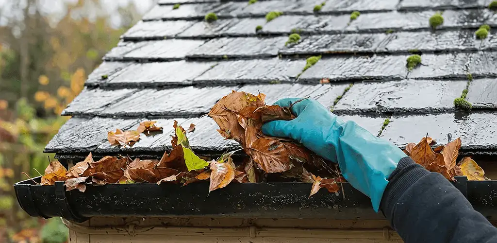 Gutter cleaning technician clearing wet leaves from roof gutters in Akron, OH
