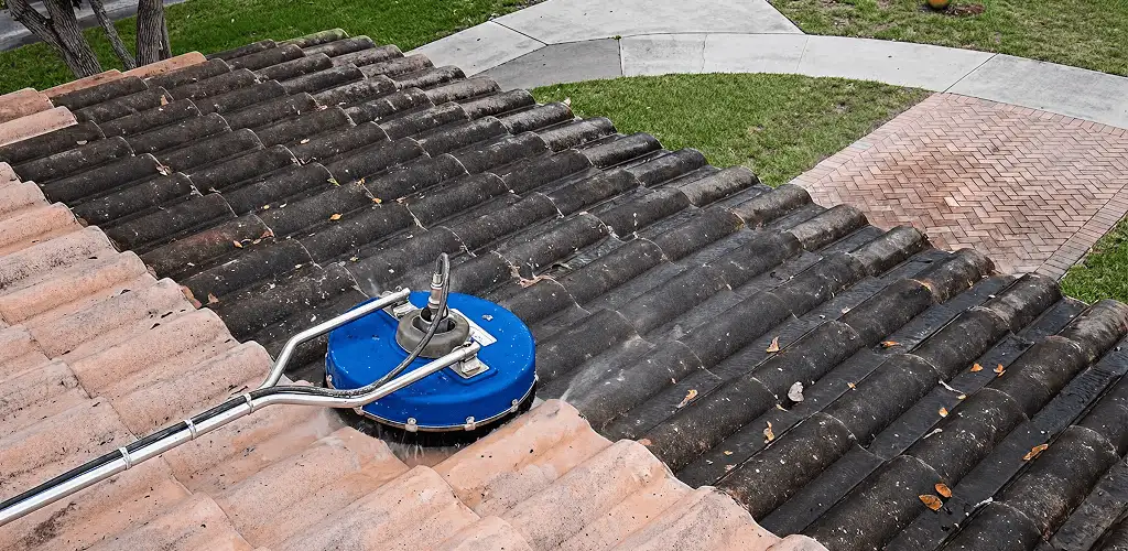 Roof pressure cleaning removing debris and buildup from roof tiles in Akron, OH