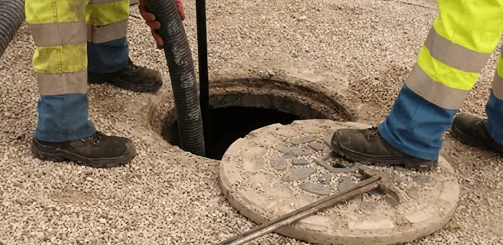 Drain cleaning crew clearing a sewer access point with professional equipment in Akron, OH