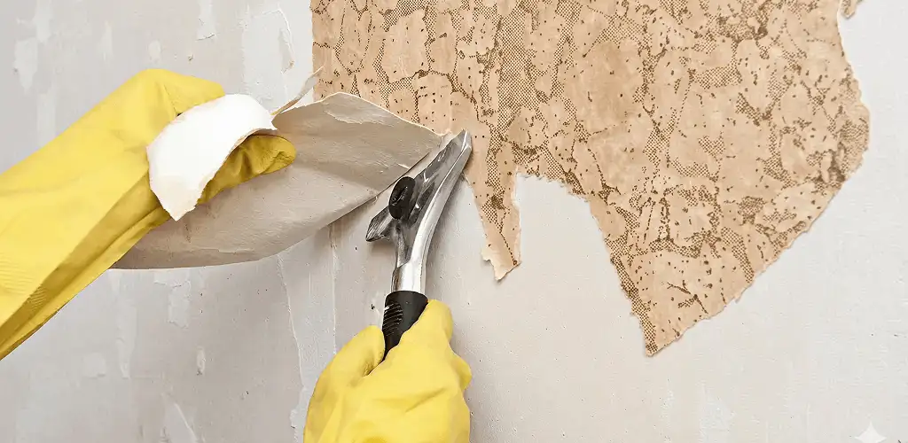 Wallpaper removal service stripping old wallpaper from a wall in Akron, OH