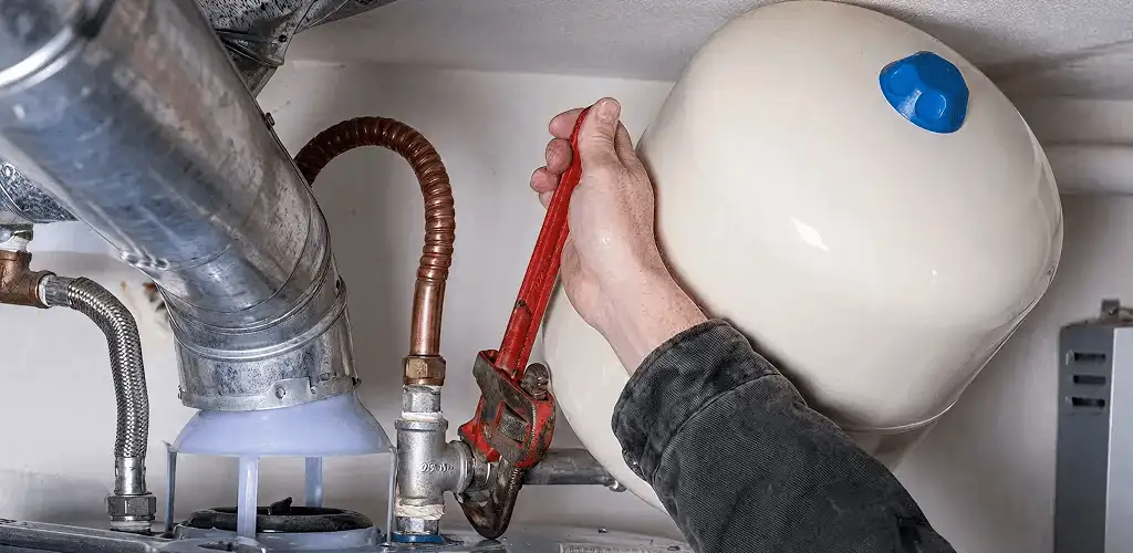 Water heater repair technician tightening plumbing connections near a tank unit in Akron, OH